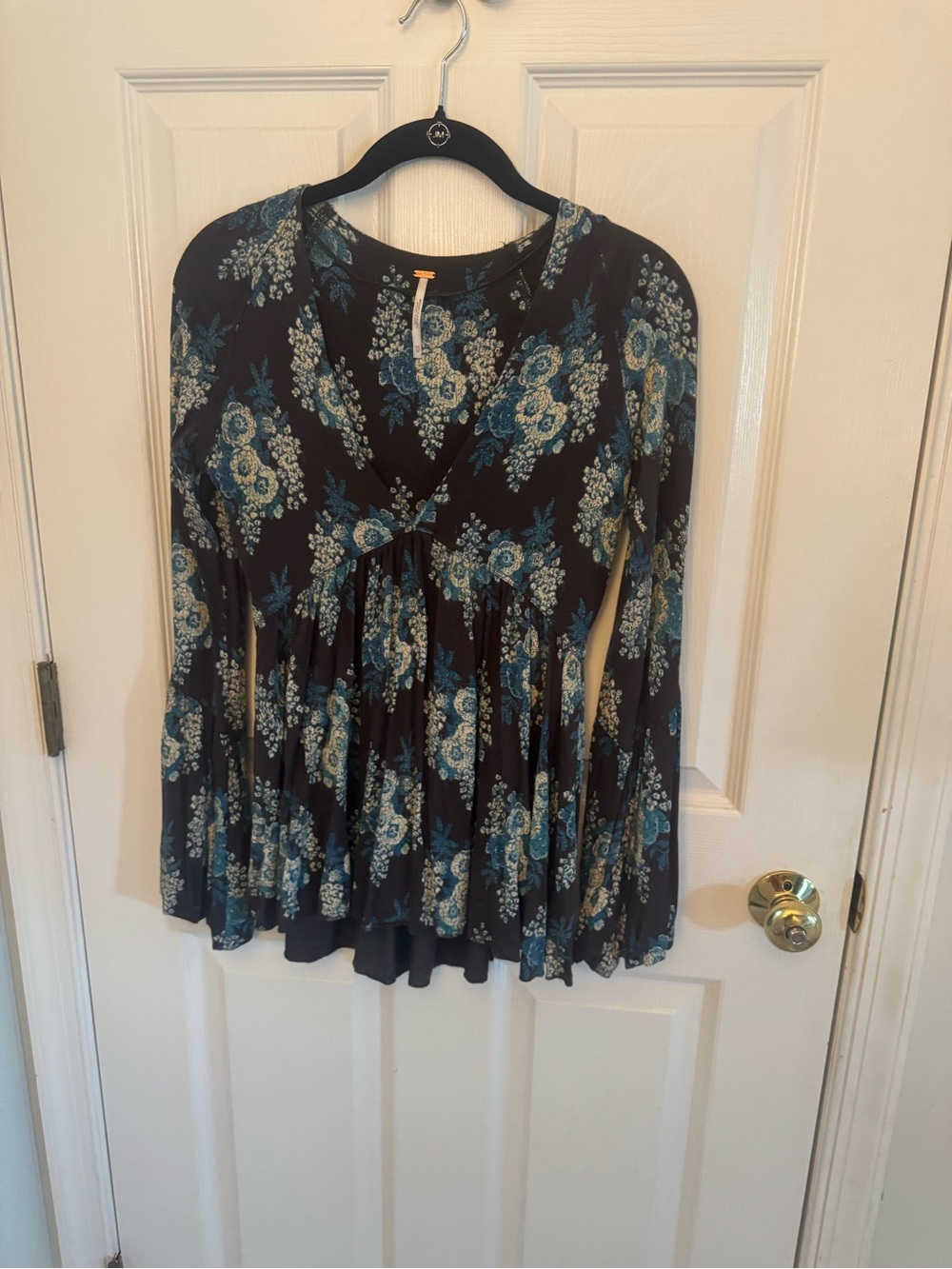 Free People Black Floral V-Neck Peplum Tunic with Blue and Cream Flowers